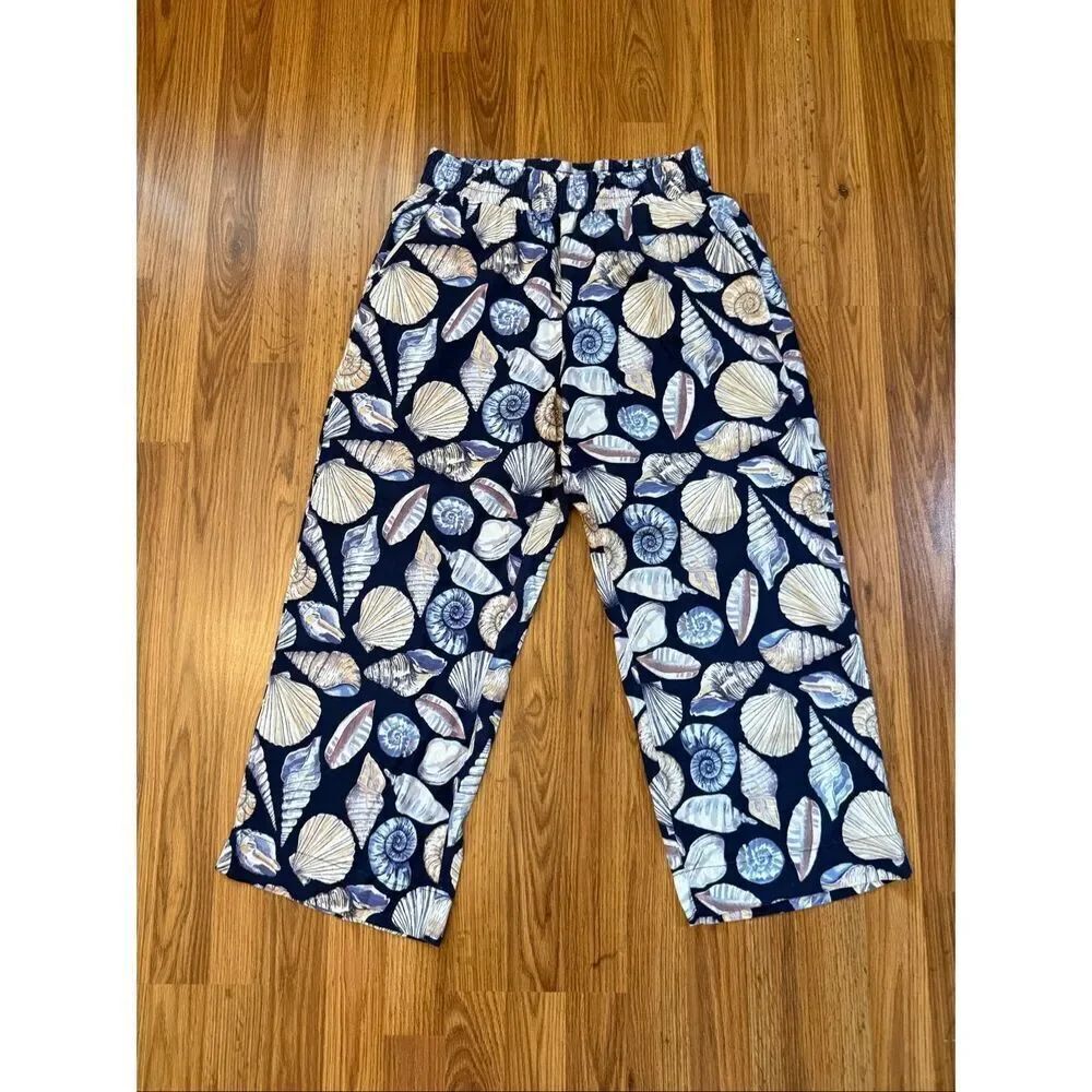 Calypso St. Barth Women's Sea Shells Print Linen Blend Pants Blue Cream Small